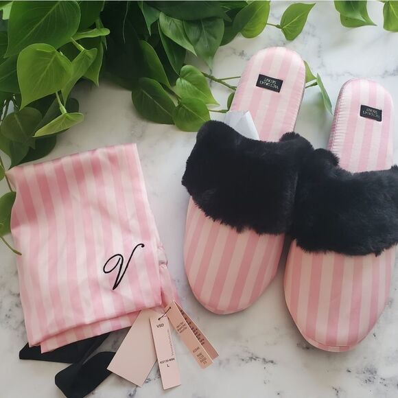 Victoria Secrets Pink & White Heritage Stripe Satin+Faux Fur Slippers+travel Bag - Picture 4 of 6